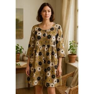 Gudrun Sjödén Earthy Floral Cotton Dress/Tunic Lagenlook Scandi Style (L)